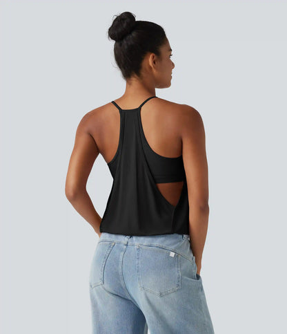 U-Neck Ruched 2-in-1 Built-in Bra InstantCool Quick Dry Casual Tank Top-UPF50+