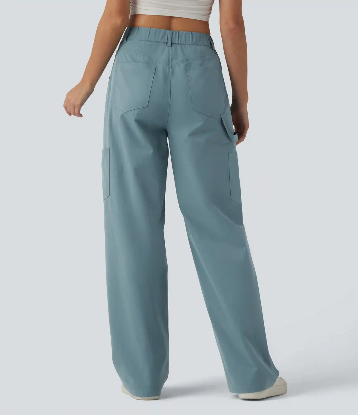 High Waisted Straight Leg Stretchy Poplin Casual Cargo Pants with Pockets