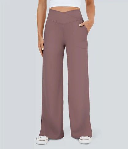 DayStretch Crossover Pocket Hem Wide Leg Yoga Pants-Smile