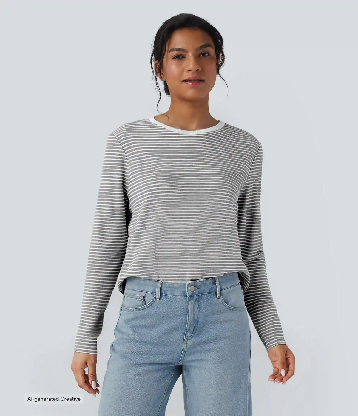 Round Neck Long Sleeve Stripes Relaxed Casual Top