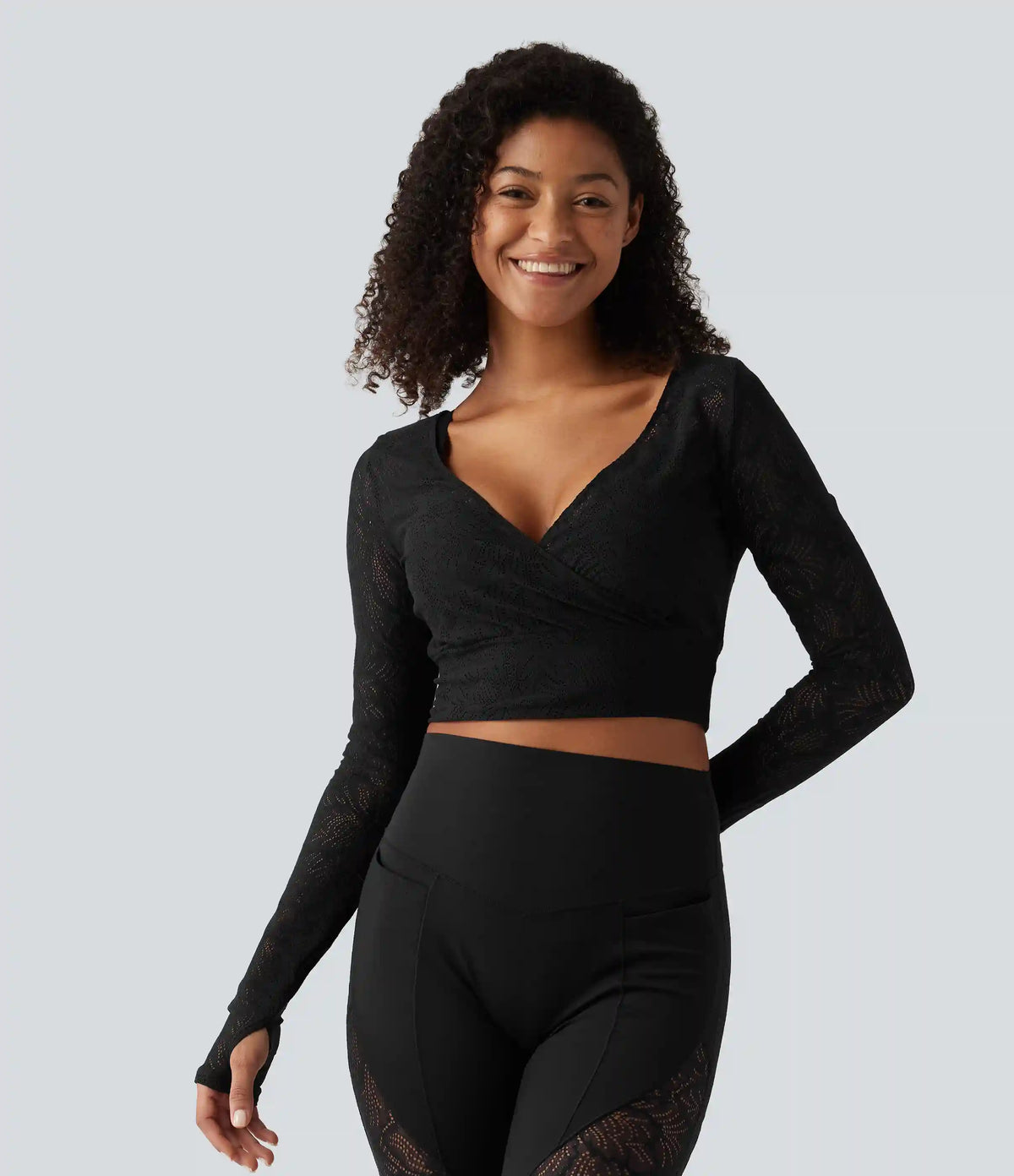 Softlyzero™ Deep V Neck Long Sleeve Contrast Lace Yoga Sports Top