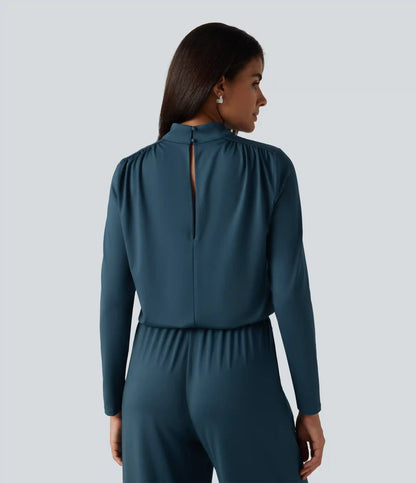 Stand Collar Long Sleeve Straight Leg Jumpsuit with Pockets-Easy Peezy Edition