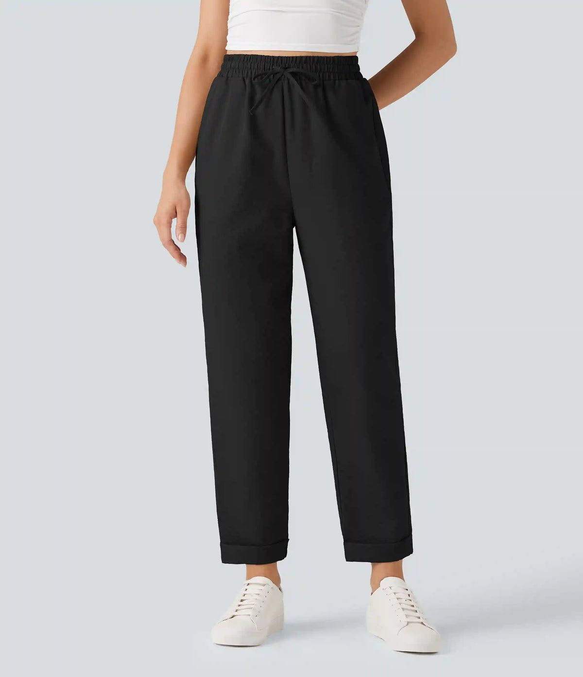 High Waisted Drawstring Tapered Casual Linen-Feel Pants with Pockets