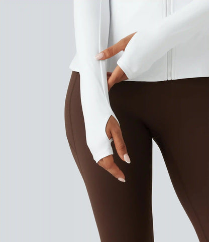 SoftlyZero™ Airy Stand Collar Long Sleeve Thumb Hole Eyelet Ruffle Hem InstantCool Yoga Jacket with Pockets-UPF50+
