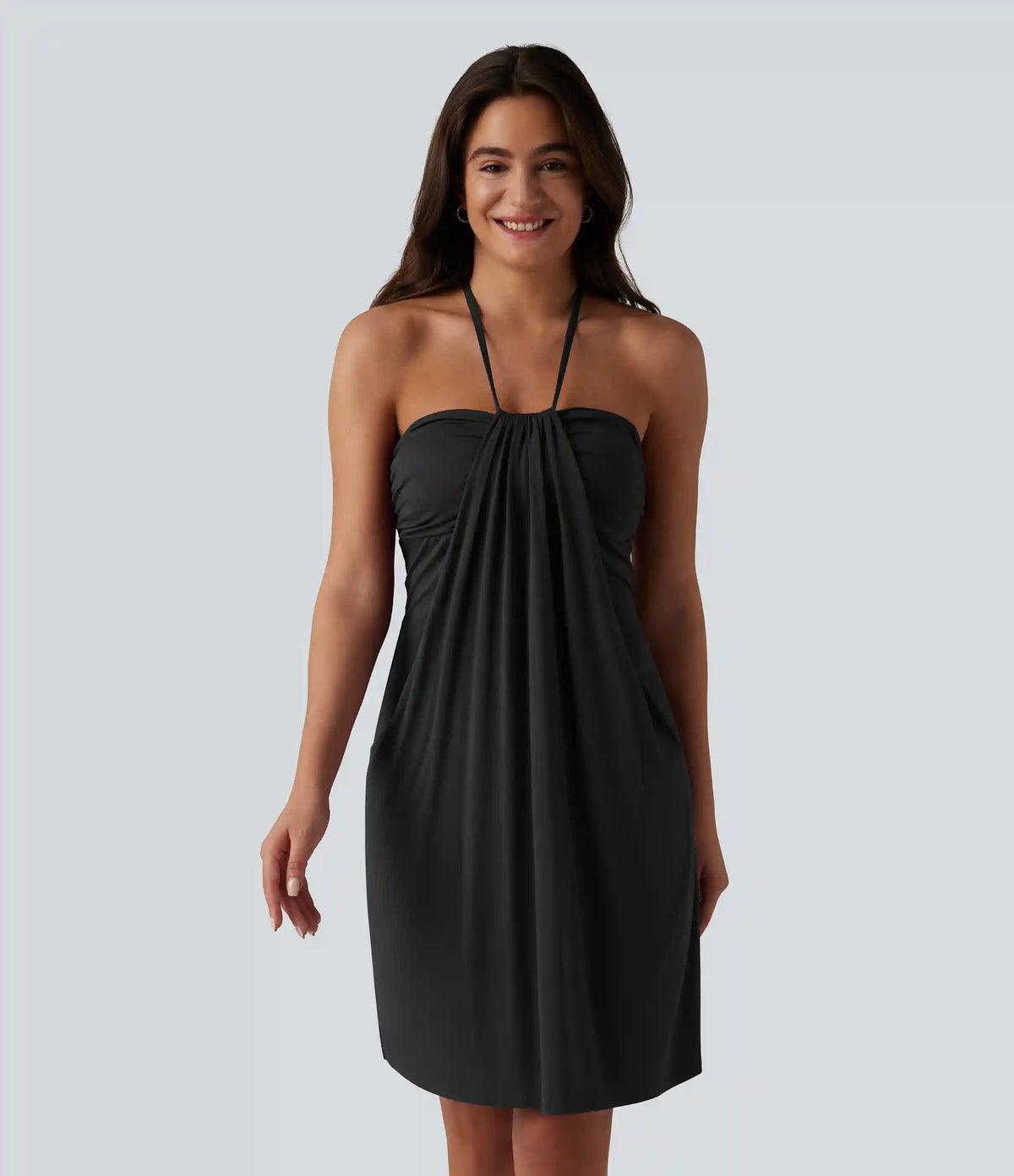 Halter Tie Back Built-in Bra Longer Mini Dress with Pockets
