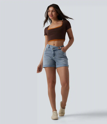 Halara Flex™ Asymmetric High Waisted Rolled Hem Washed Denim Casual Shorts with Pockets