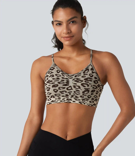 OneForm Seamless Flow Leopard Print Adjustable Straps Ruched Built-in Bra Yoga Sports Bra
