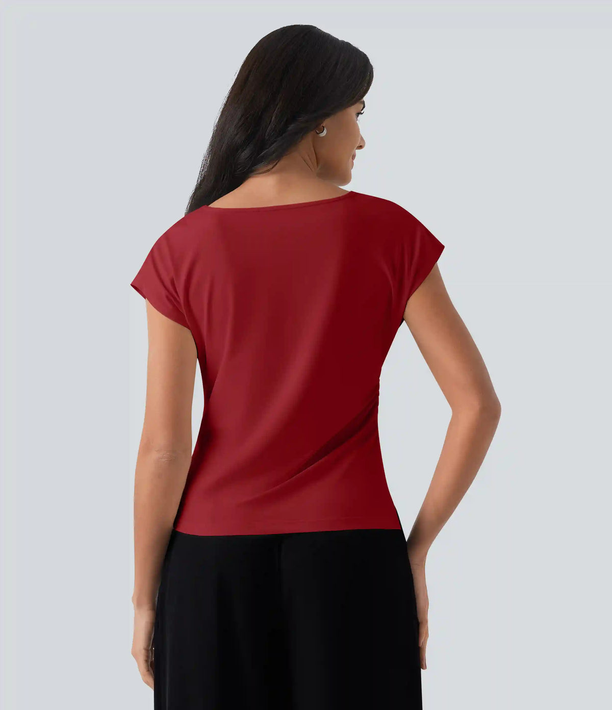 Asymmetric Cowl Neck Short Sleeve Ruched Split Hem Work Blouse