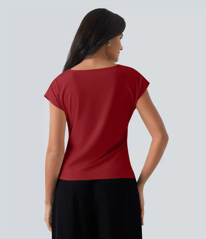 Asymmetric Cowl Neck Short Sleeve Ruched Split Hem Work Blouse