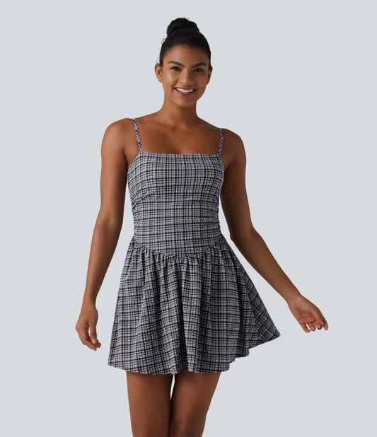 Adjustable Straps 2-in-1 Built-in Bra A-line Mini Plaid Crinkle Quick Dry Tennis Active Slip Dress with Pockets-Easy Peezy