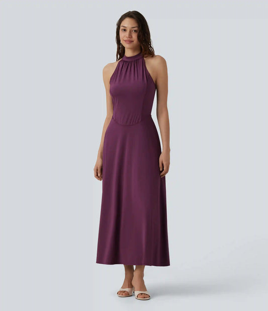 Mock Neck Sleeveless Invisible Zipper Midi Stretchy Satin-Like InstantCool Bridesmaid And Wedding Guest Flowy Dress with Pockets