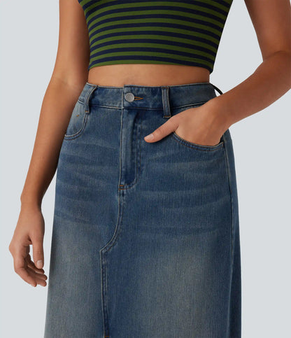 Halara Flex™ Mid Rise Pockets Straight Maxi Washed Denim Casual Skirt