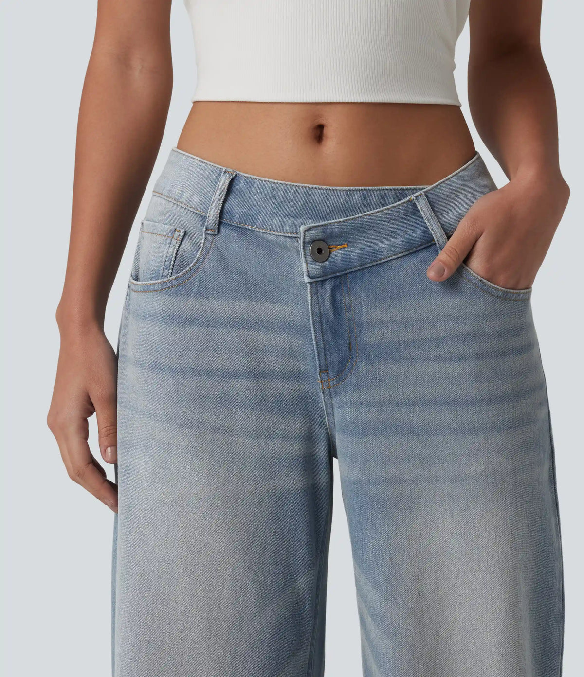 Halara Flex™ Asymmetric Low Rise Zipper Pockets Baggy Wide Leg Washed Casual Jeans