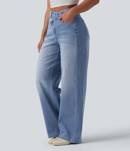 Halara Flex™ Asymmetric High Waisted Washed Casual Baggy Jeans with Pockets