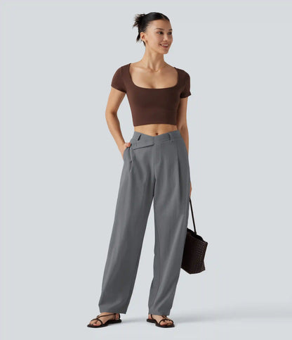 Asymmetric Mid Rise Barrel Leg Work Linen-Feel Pants with Pockets