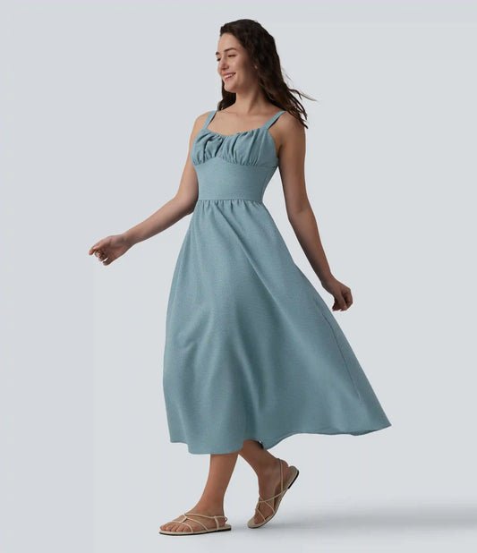 Ruched Shirred Midi Texture Casual Flowy Slip Milkmaid Dress