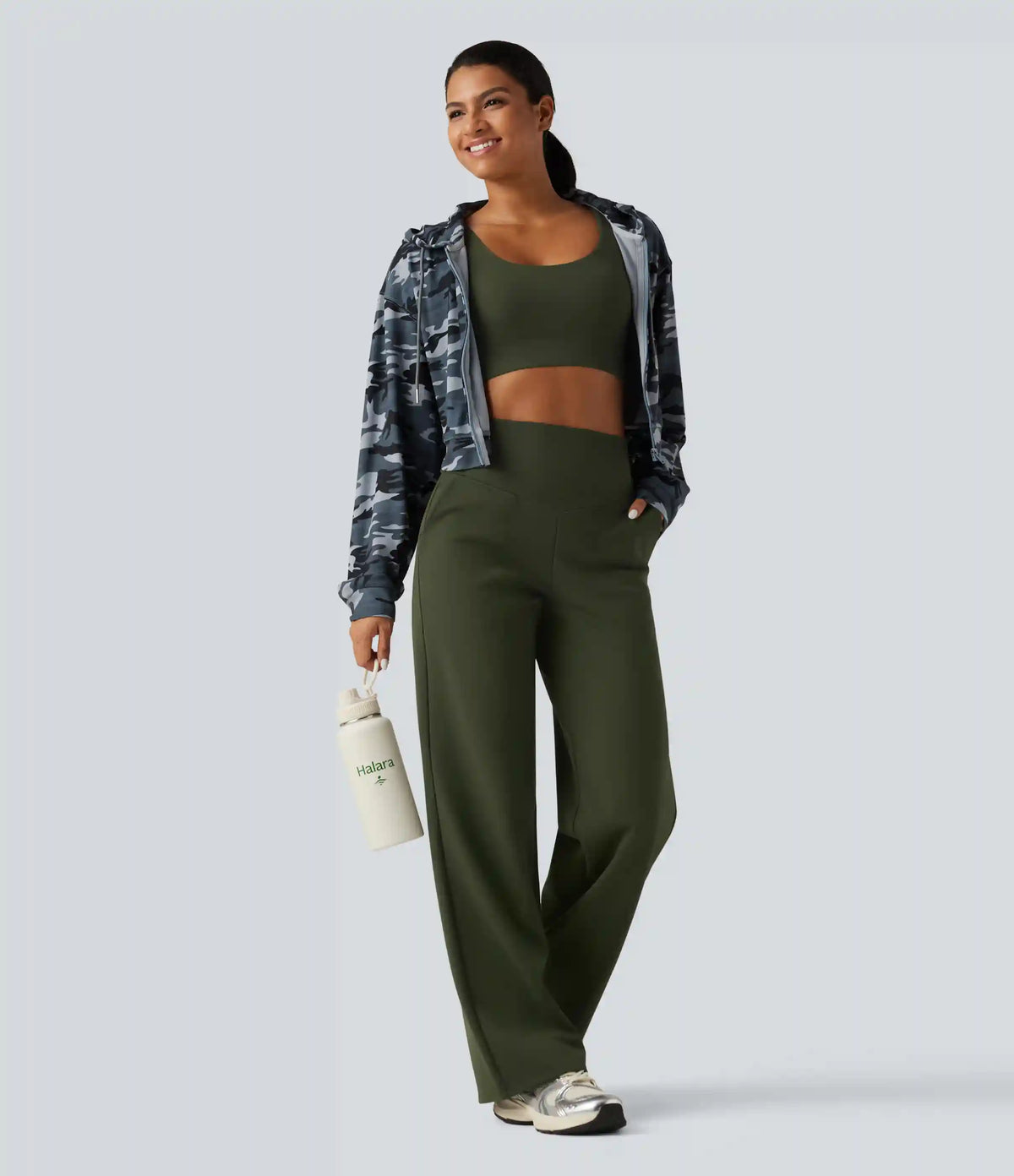 High Waisted Tummy Control Straight Leg Fleece Yoga Pants with Pockets