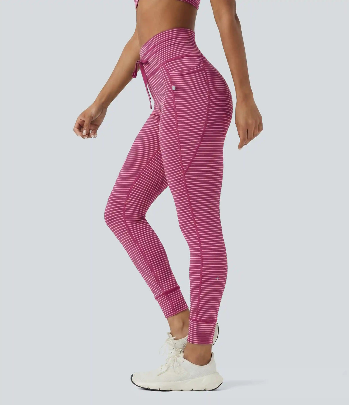 High Waisted Drawstring Striped Yoga Leggings with Pockets