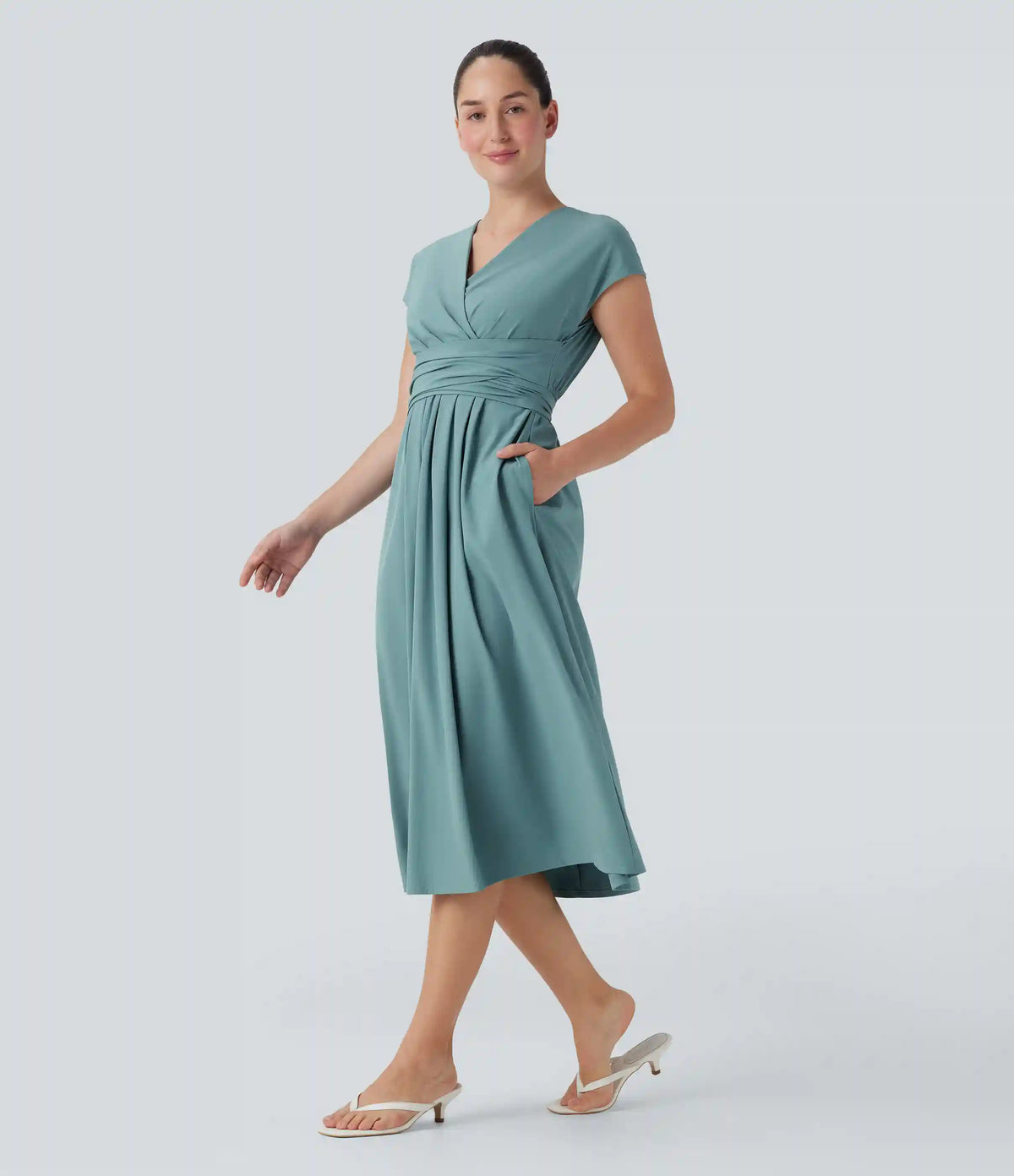 Breezeful™ V Neck Short Sleeve Pocket Tie Back Quick Dry Midi Casual Dress