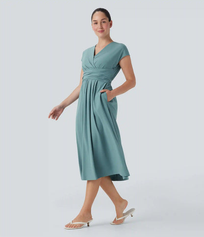 Breezeful™ V Neck Short Sleeve Pocket Tie Back Quick Dry Midi Casual Dress