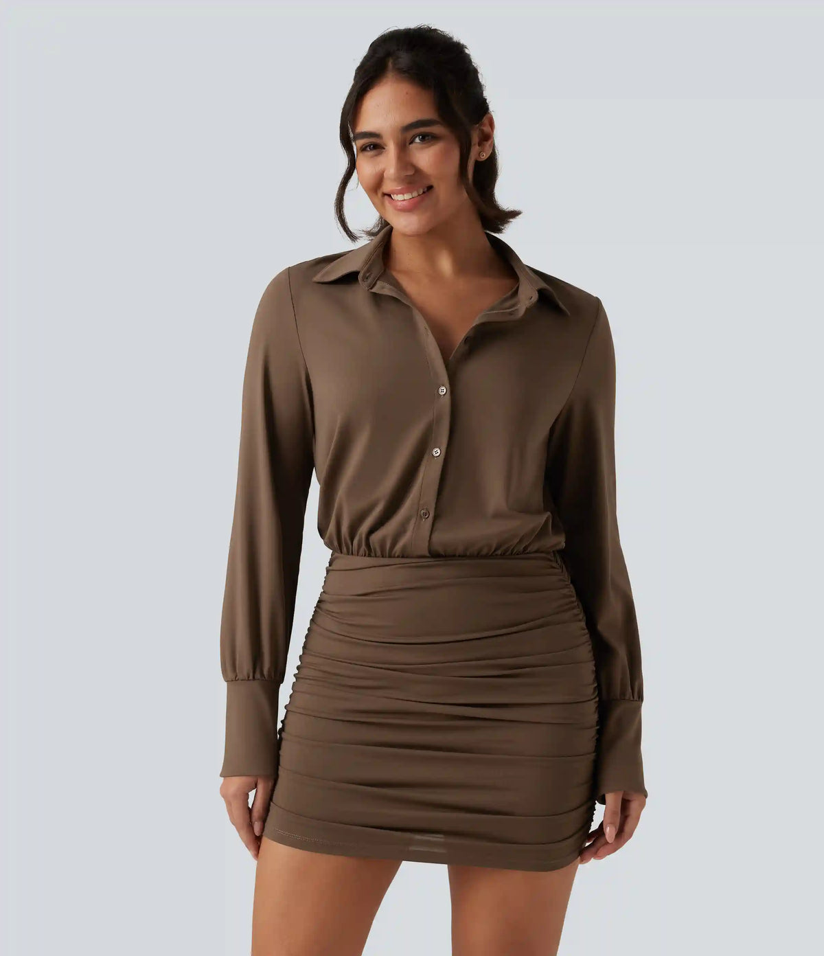 Long Sleeve Ruched Casual Mini Shirt Dress