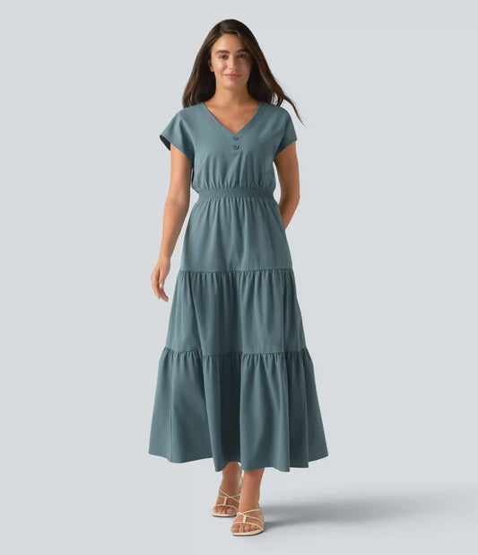 V Neck Short Sleeve Stretchy Poplin Midi Casual Dress