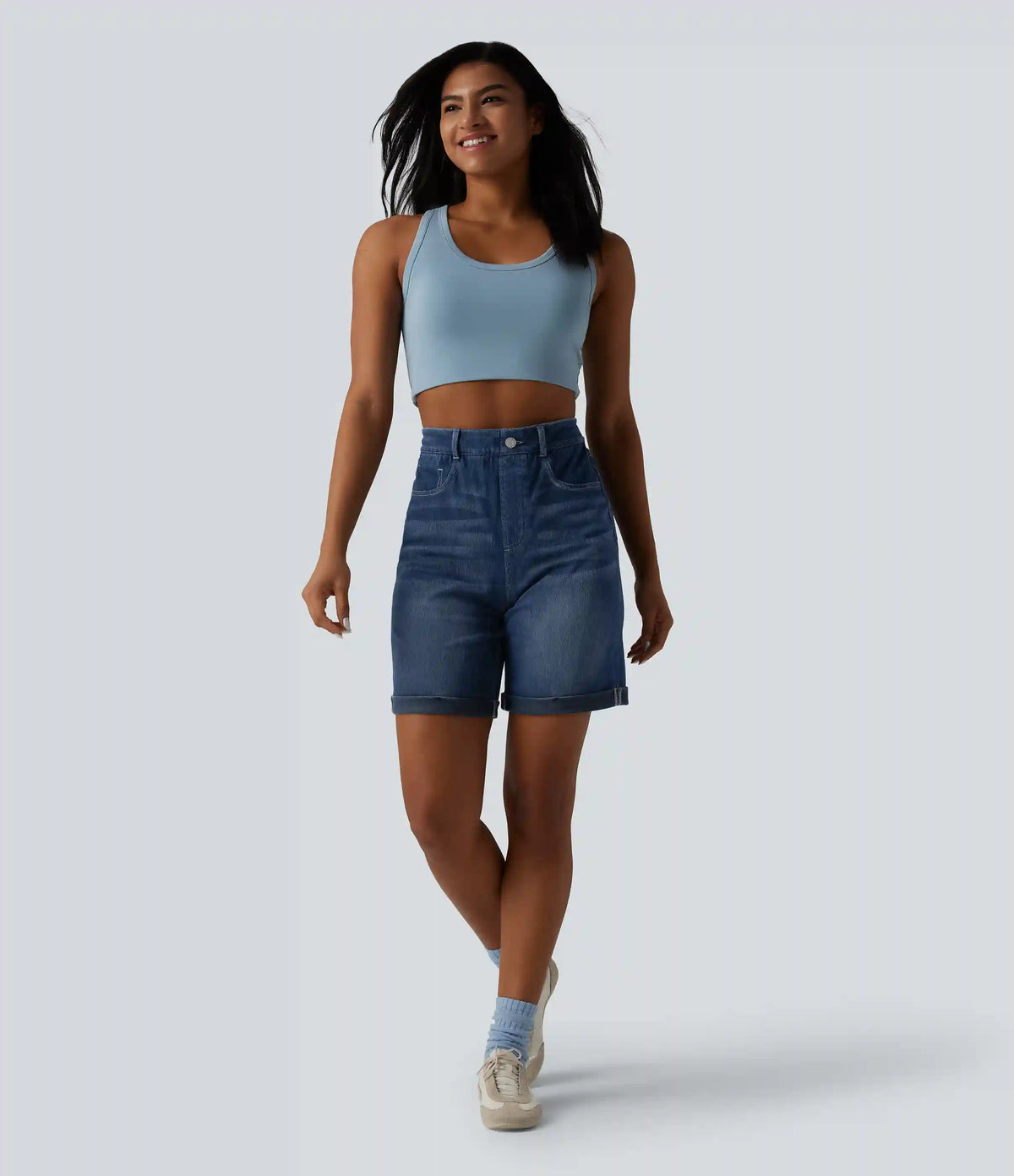 Halara Flex™ High Waisted Tummy Control Rolled Hem Skinny Casual Denim Shorts with Pockets