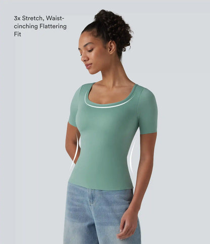 Scoop Neck Short Sleeve Built-in Bra Casual T-Shirt B-E Cups
