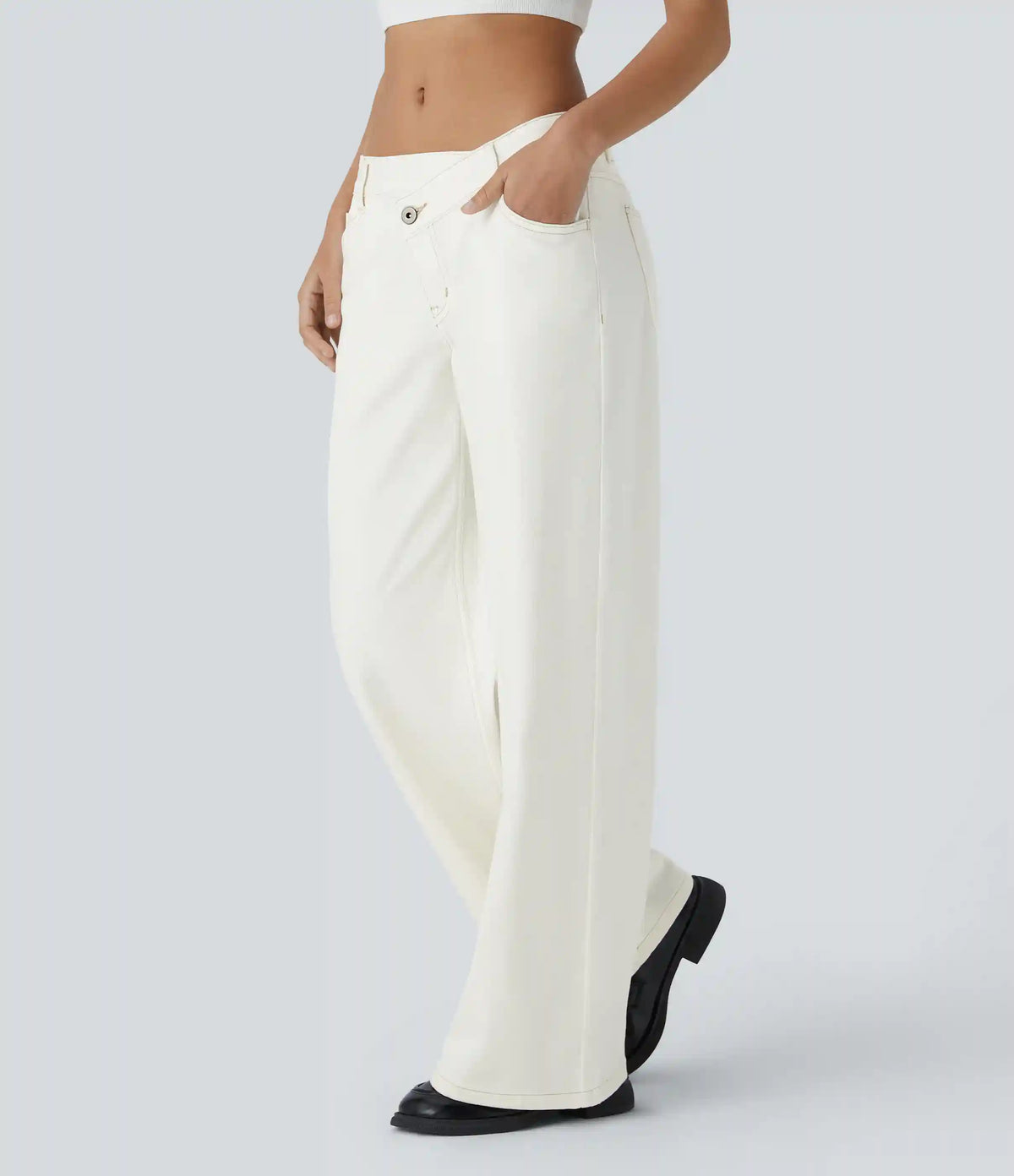 Halara Flex™ Asymmetric Low Rise Zipper Pockets Baggy Wide Leg Washed Casual Jeans