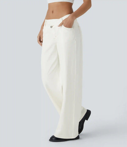 Halara Flex™ Asymmetric Low Rise Zipper Pockets Baggy Wide Leg Washed Casual Jeans