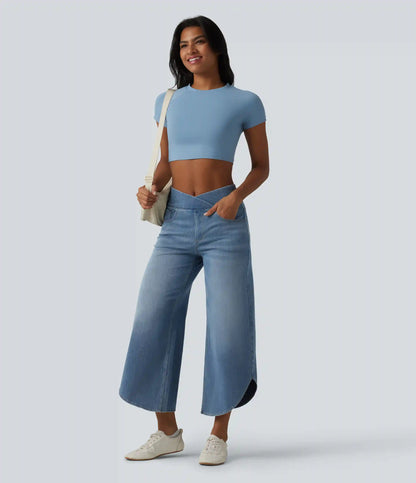 Halara Flex™ Crossover Mid Rise Curved Hem Casual Baggy Jeans with Pockets