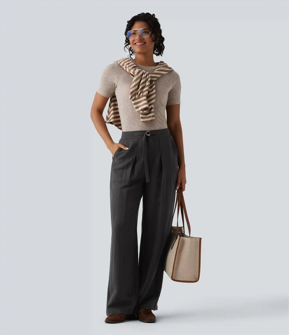 Adjustable High Waisted Linen Work Baggy Pants with Pockets