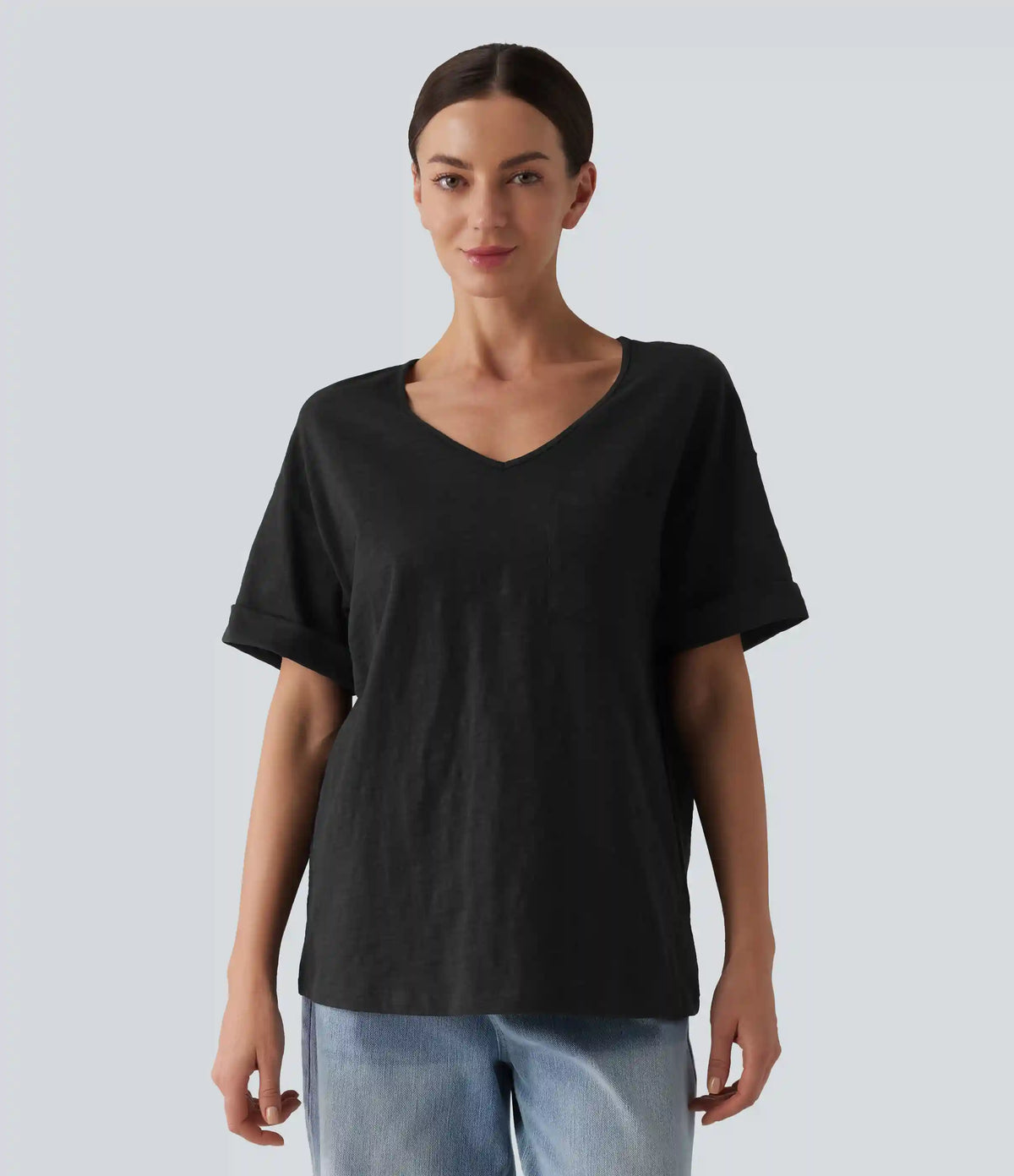 Sweetheart Neck Roll Short Sleeve Relaxed Casual Slubbed Cotton T-Shirt with Pocket