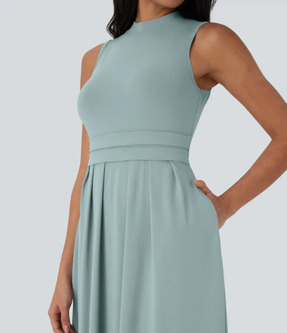 Stand Collar Sleeveless Flare Maxi Casual Dress with Pockets