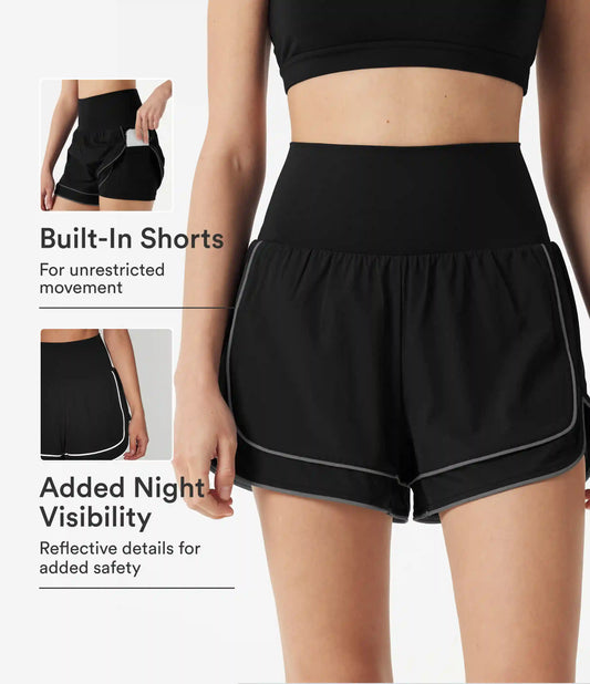 Breezeful™ High-waisted Curved Hem 2-in-1 Reflective Lines Quick Dry Yoga Baggy Shorts with Pockets