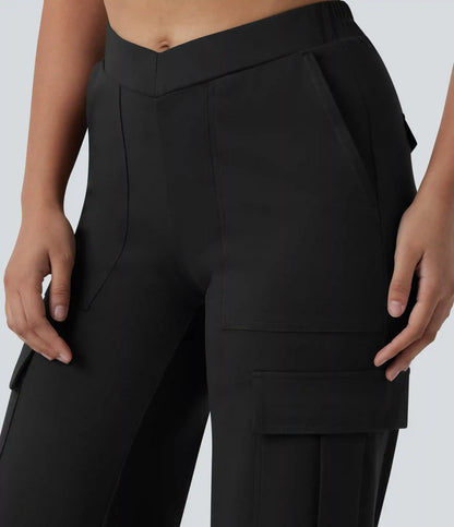 DayStretch V-Shaped High Waisted Wide Leg Casual Cargo Pants with Pockets
