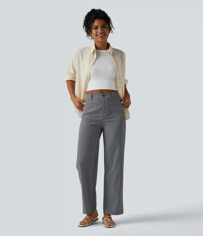 High Waisted Straight Leg Casual Linen-Feel Pants with Pockets