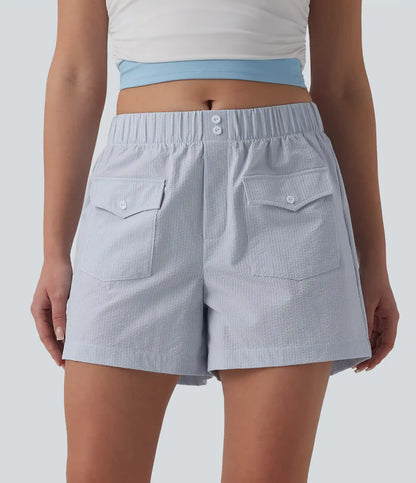 Mid Rise Quick Dry Crinkle Casual Baggy Shorts with Flap Pockets