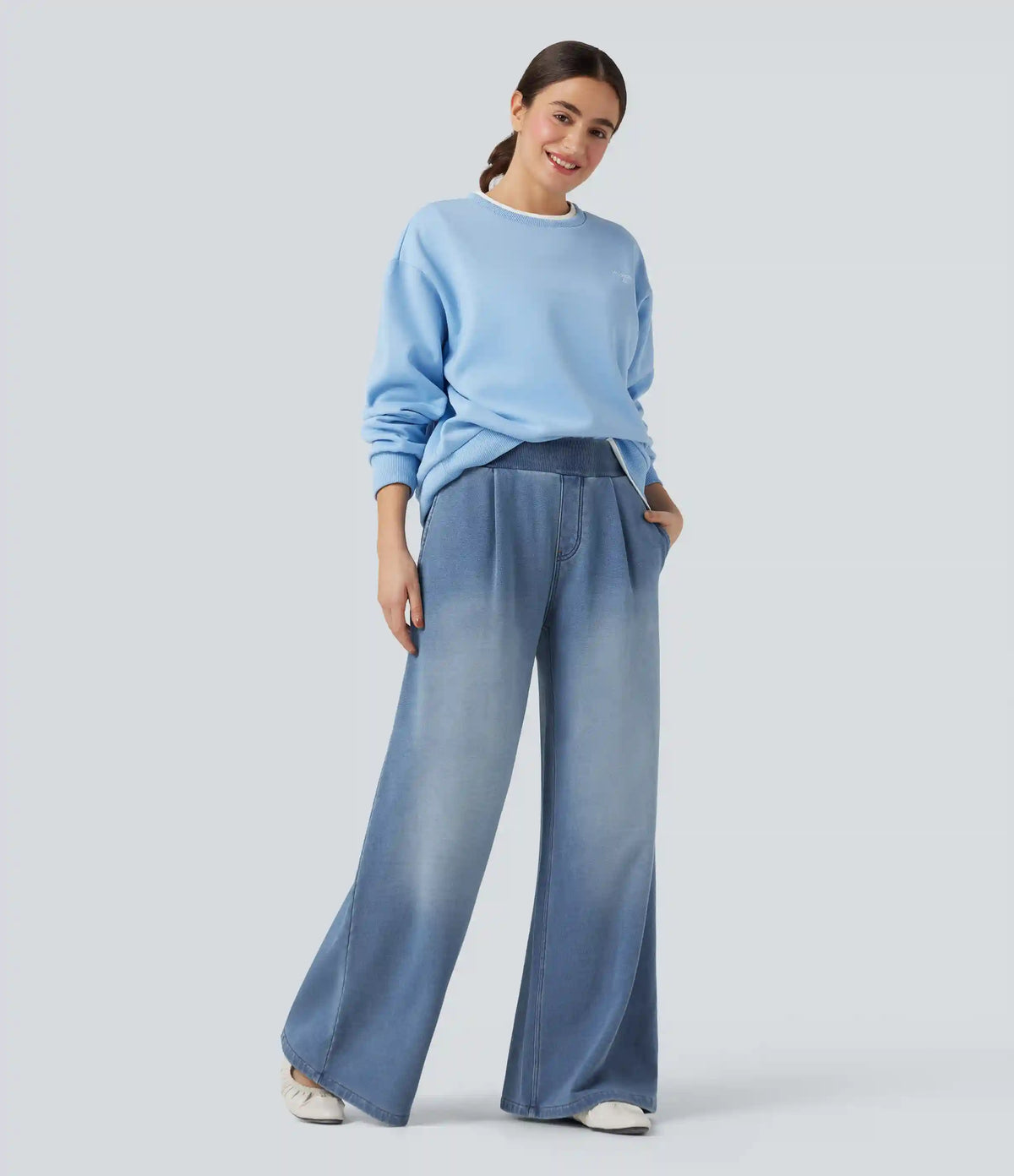 Halara Flex™ Mid Rise Wide Leg Flare French Terry Casual Sweatpants Jeans with Pockets