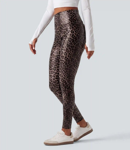 High Waisted Tummy Control Stretchy PU Leopard Print Skinny Casual Leggings with Pockets