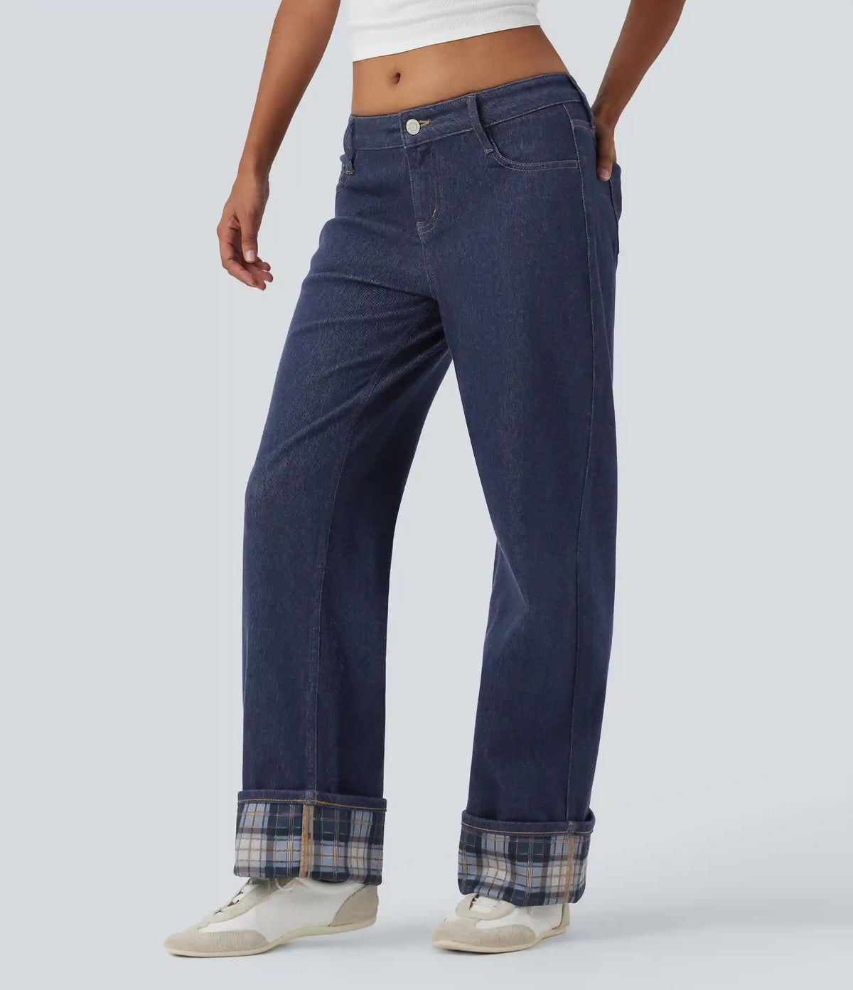 Halara Flex™ Low Rise Contrast Plaid Rolled Hem Wide Leg Casual Jeans with Pockets
