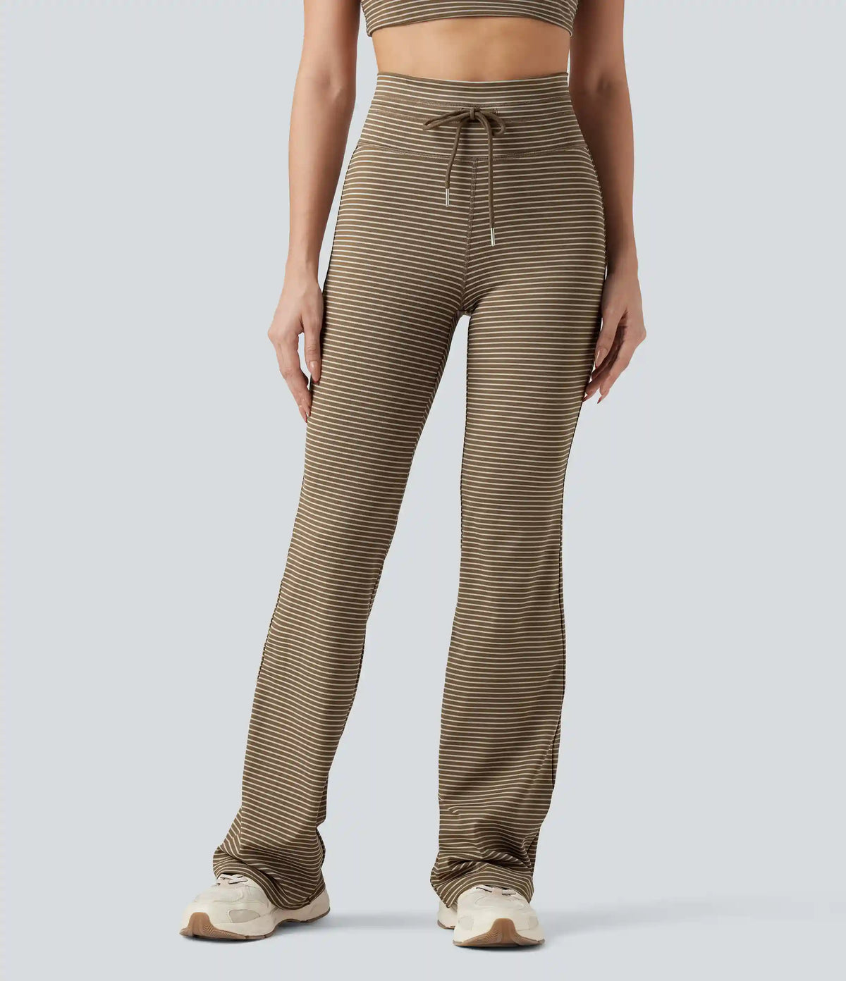 High Waisted Drawstring Stripe Flare Yoga Pants with Pockets