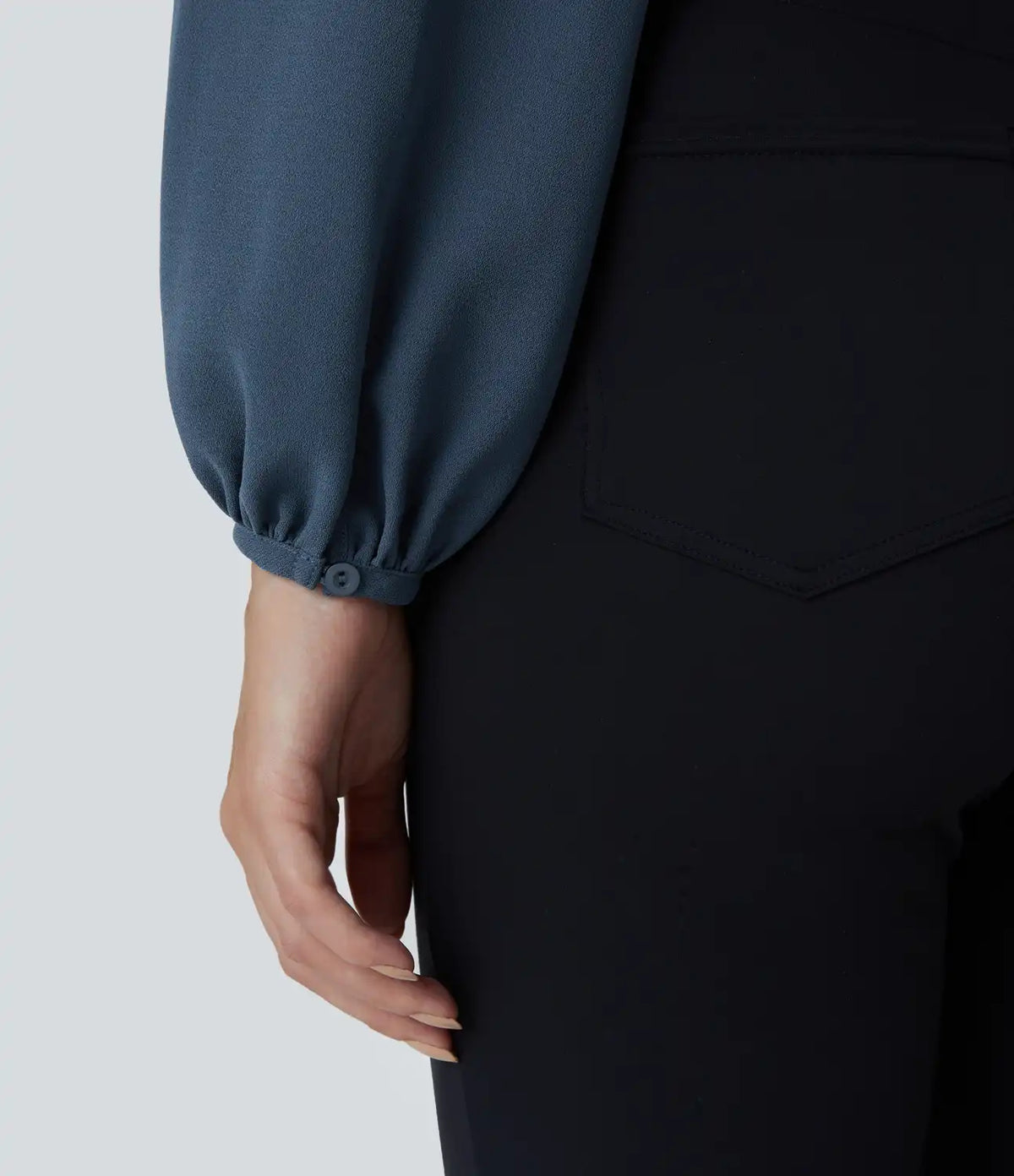 Frill Round Neck Keyhole Back Long Sleeve Work Blouse