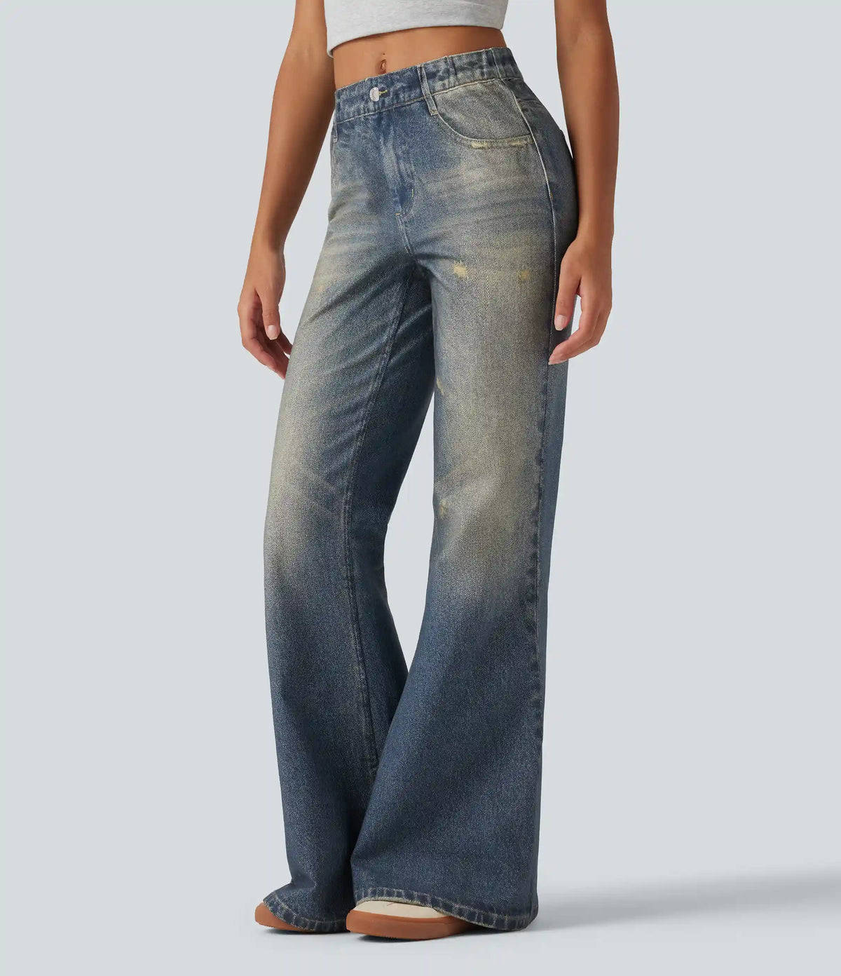 Mid Rise Denim Print Casual Flare Jeans with Pockets