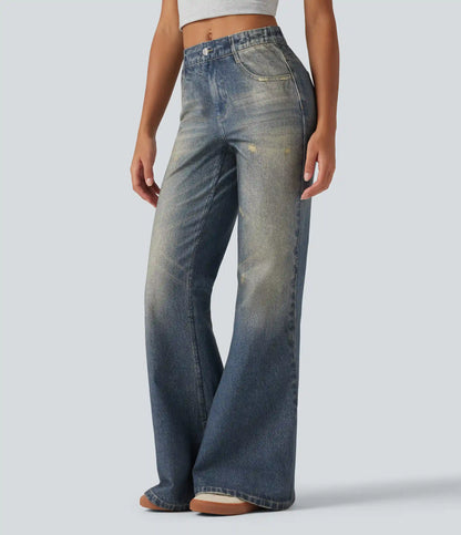 Mid Rise Denim Print Casual Flare Jeans with Pockets