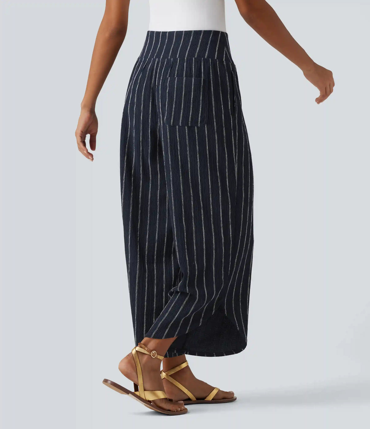 High Waisted Curved Hem Stripe Casual Pants with Pockets