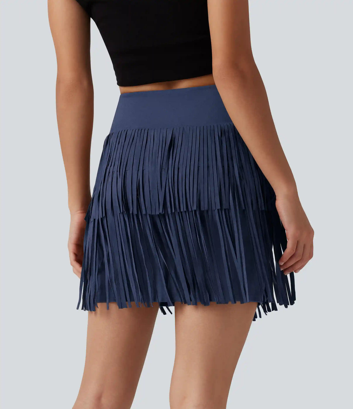 Crossover High Waisted 2-in-1 Fringe Hem Bodycon Mini Suede Party Skirt-Longer Length