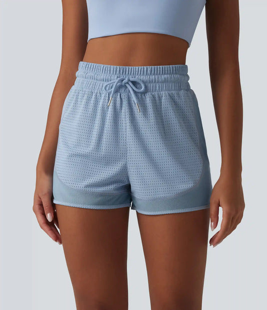 High Waisted Drawstring Eyelet Breathable Mesh 2-in-1 Workout Shorts