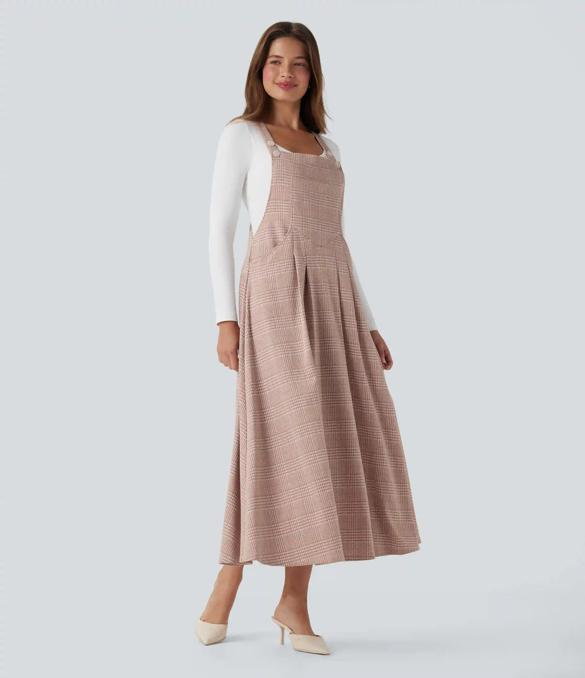 Houndstooth Plaid Midi Work Jumper Dress with Pockets