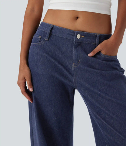 Halara Flex™ Low Rise Contrast Plaid Rolled Hem Wide Leg Casual Jeans with Pockets